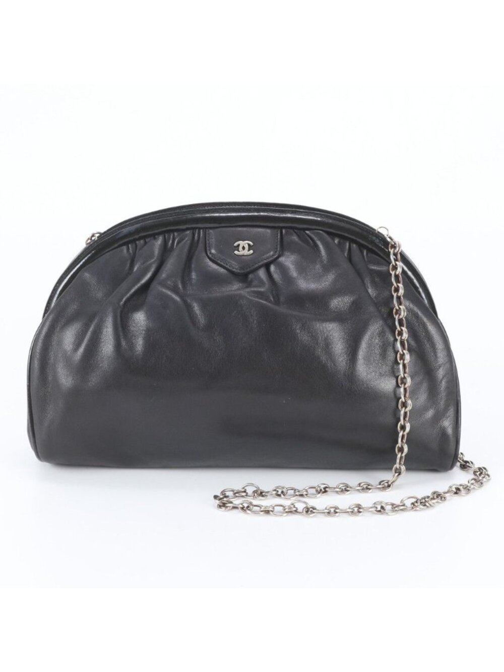 Chanel Kiss Lock Chain CC Logo Leather Shoulder Bag Crossbody Black